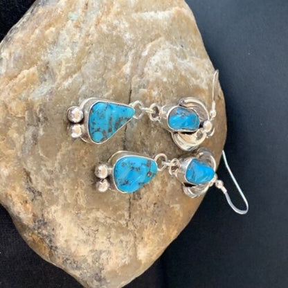 Navajo Kingman Turquoise Dangle Earrings | Sterling Silver | Authentic Native American Handmade | 01219