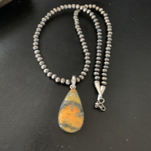 Navajo Yellow Bumblebee Jasper Pendant Necklace | Sterling Silver | Authentic Native American Handmade | 12807