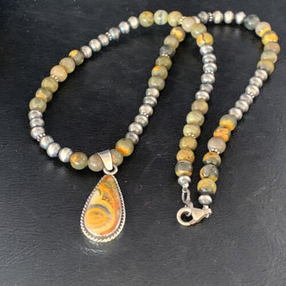 Men's Navajo Pearls Necklace | Gold Bumblebee Jasper Pendant | Sterling Silver | Native American Handmade | 13811