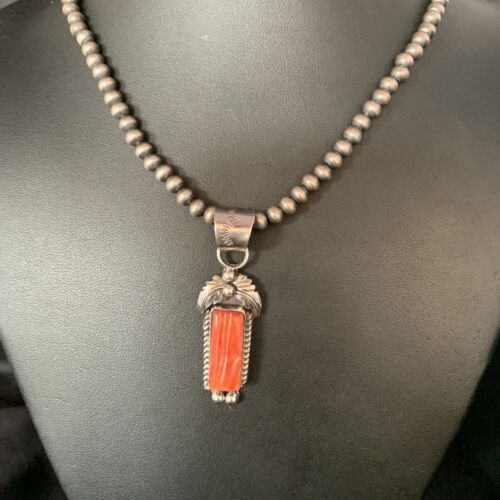 Navajo Red Spiny Oyster Square Pendant Necklace | Sterling Silver | Authentic Native American Handmade | 13635