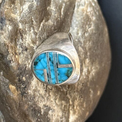 Navajo Blue Turquoise Inlay Ring | Sterling Silver | Sz 9.5 | Authentic Native American Handmade | 14749