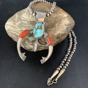 Navajo Pearl Necklace with Royston Turquoise & Coral Naja Pendant | Sterling Silver | 13645