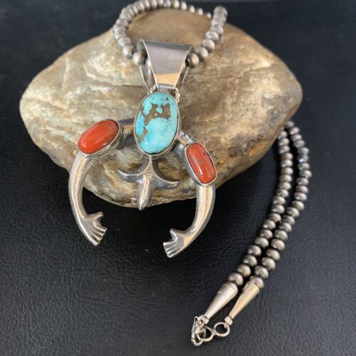 Navajo Pearl Necklace with Royston Turquoise & Coral Naja Pendant | Sterling Silver | 13645