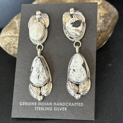 Navajo White Buffalo Turquoise Dangle Earrings | Sterling Silver | 2.5" | Authentic Native American Handmade | 14742