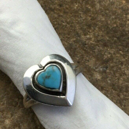 Navajo Heart Blue Turquoise Inlay Ring | Sterling Silver | Sz 5.5 | Authentic Native American Handmade | 01731