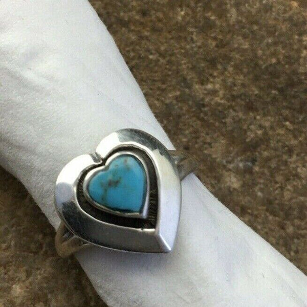 Navajo Heart Blue Turquoise Inlay Ring | Sterling Silver | Sz 5.5 | Authentic Native American Handmade | 01731