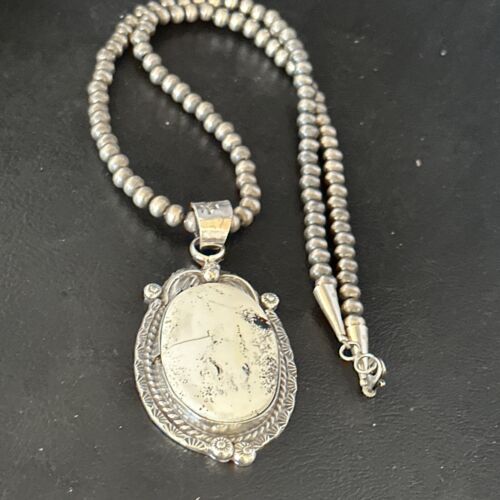 Navajo White Buffalo Turquoise Pendant Necklace | Sterling Silver | Authentic Native American Handmade | 14244