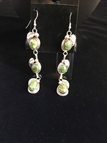 Navajo Green Sonoran Gold Turquoise 3" Dangle Earrings | Sterling Silver | Authentic Native American Handmade | 1732