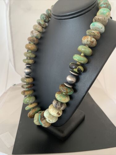 Navajo Pearl Sterling Silver Graduated Natural Green Turquoise Necklace | Authentic Native American | 23" | 00729