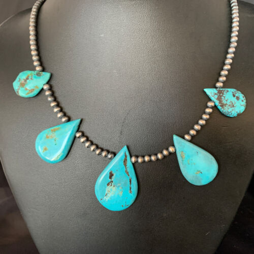 Navajo Teardrop Blue Turquoise Necklace | Sterling Silver Pearls | 20" | Authentic Native American Handmade | 13968