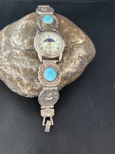 Old Pawn Women's Blue Turquoise Navajo Sterling Silver Watch Tips | Authentic Native American Jewelry | 14757
