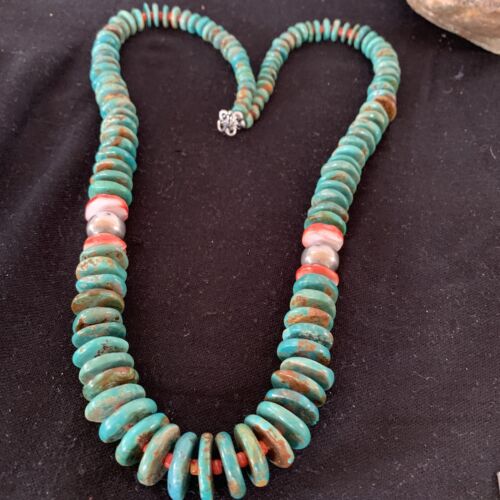 Navajo Necklace | Green Turquoise & Spiny Oyster | Sterling Silver | Authentic Native American | 28" Graduated | 1088