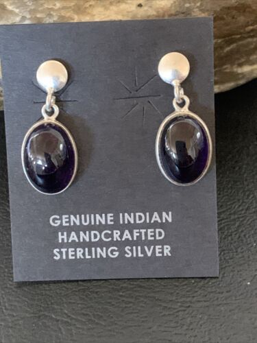 Navajo Black Onyx Post Drop Earrings | Sterling Silver | 0.5" | Authentic Native American Handmade | 12648