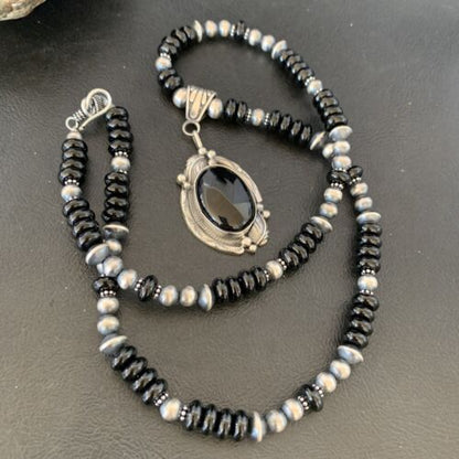 Native American Men's Navajo Pearl Necklace Pendant | Sterling Silver Black Onyx | 10805