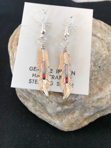 Navajo Coral Inlay Feather Earrings | Sterling Silver | Authentic Native American Handmade | 2007
