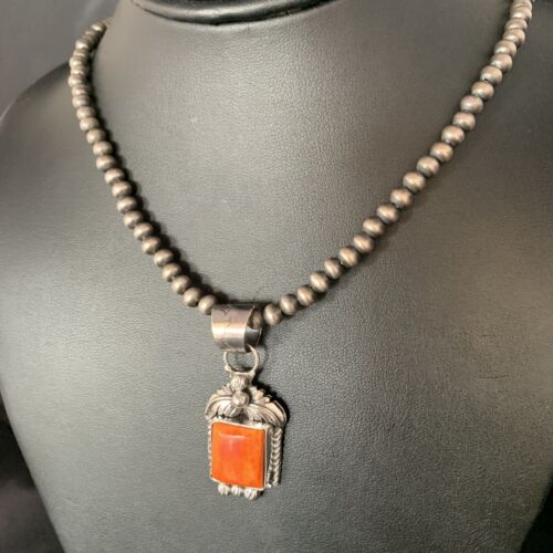 Navajo Red Spiny Oyster Square Pendant Necklace | Sterling Silver | Authentic Native American Handmade | 13636