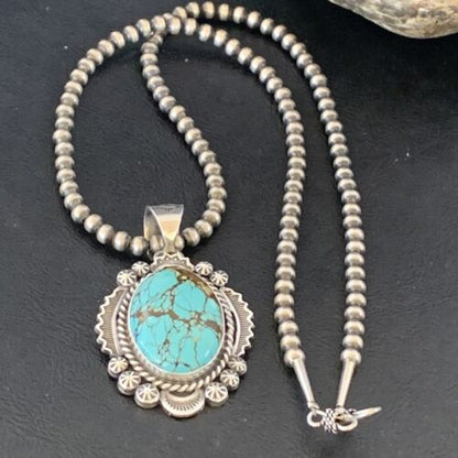 Men's Navajo Pearls Necklace | Sterling Silver | Blue #8 Turquoise Pendant | Authentic Native American Handmade | 10865