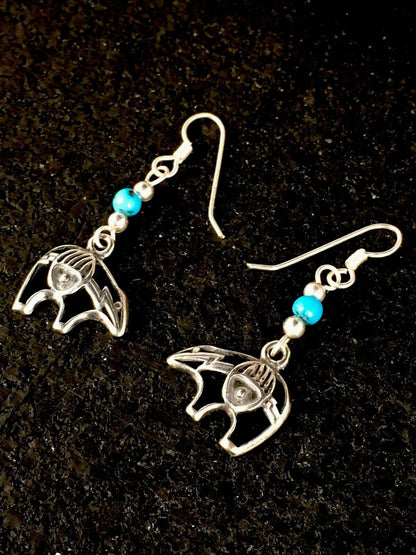 Navajo Sterling Silver Turquoise Bead Dangle Bear Paw Earrings | Authentic Native American Handmade | 8785