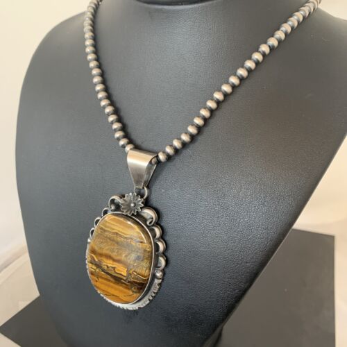 Men's Navajo Pearls Necklace | Sterling Silver | Coffee Tiger's Eye Pendant | Authentic Native American Handmade | 1543