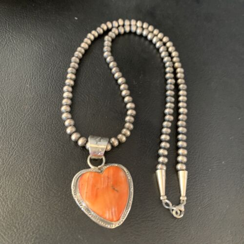 Navajo Orange Heart Spiny Oyster Pendant | Sterling Silver Necklace | Authentic Native American Handmade | 13947