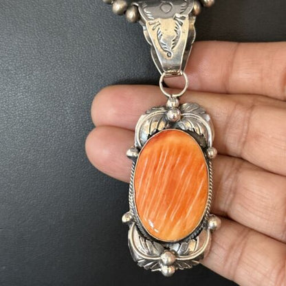 Navajo Orange Spiny Oyster Necklace Pendant | Sterling Silver | Authentic Native American Handmade | 14681