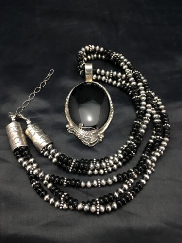 Navajo Pearls Sterling Silver Black Onyx Necklace | 3 Strand Pendant | 23" | Authentic Native American Handmade | 1012