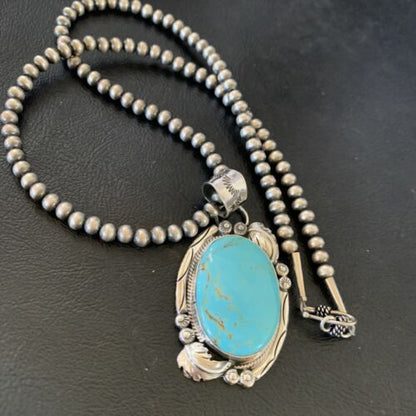 Navajo Pearl Blue Kingman Turquoise Necklace Pendant | Sterling Silver | Authentic Native American Handmade | 12287
