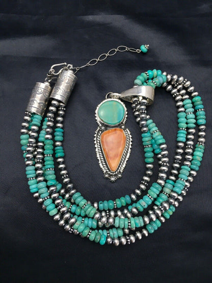 Navajo Kingman Turquoise & Spiny Oyster Necklace Pendant | Sterling Silver | 21" | Multi-Stone 2861