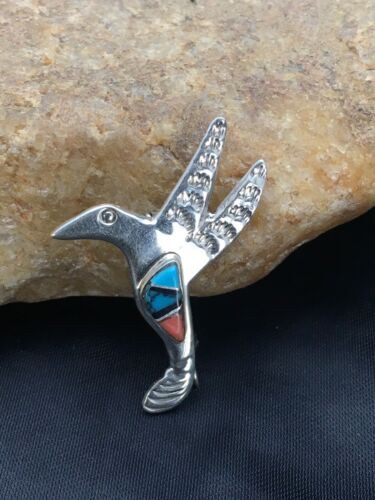 Navajo Hummingbird Pin with Coral Turquoise Inlay | Sterling Silver | Authentic Native American Handmade | 2901