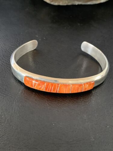 Native American Zuni Orange Spiny Oyster Inlay Cuff Bracelet | Sterling Silver | 12098