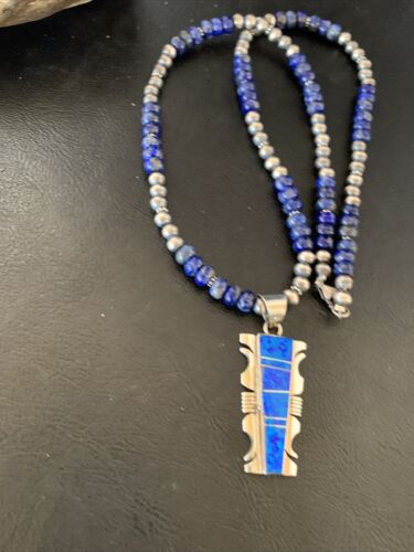 Navajo Pearls Necklace Blue Lapis Opal Inlay Pendant | Sterling Silver | Native American Handmade | 11804