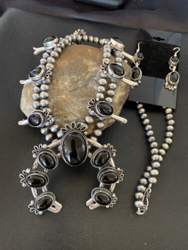 Navajo Pearls Black Onyx Squash Blossom Necklace | Sterling Silver | Authentic Native American Handmade | 12724
