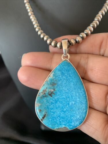 Navajo Pearls Blue Kingman Turquoise Necklace Pendant | Sterling Silver | Authentic Native American Handmade | 11809
