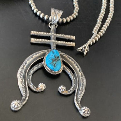 Navajo Kingman Turquoise Naja Pendant | Sterling Silver | Authentic Native American Handmade | 11518