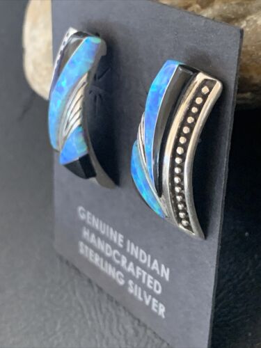 Navajo Turquoise Opal Onyx Inlay Earrings | Sterling Silver | Authentic Native American Handmade | 12115