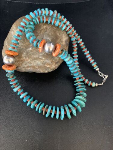 Navajo Natural Turquoise & Spiny Oyster Necklace | Sterling Silver | Authentic Native American | 25" | 13493