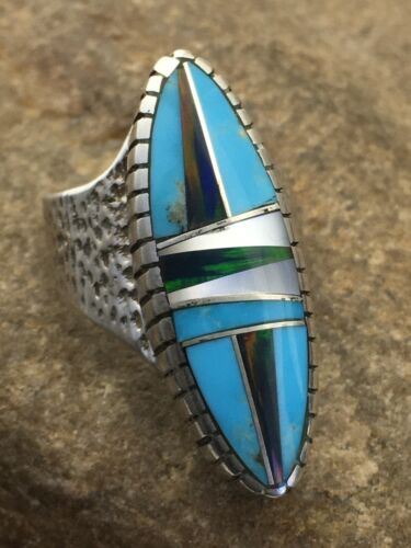 Navajo Multi-Color Opal & Turquoise Inlay Ring | Sterling Silver | Sz 8 | Authentic Native American Handmade | 1611
