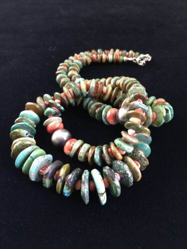 Native American Navajo Green Turquoise Spiny Necklace | Sterling Silver | 28" | 10060
