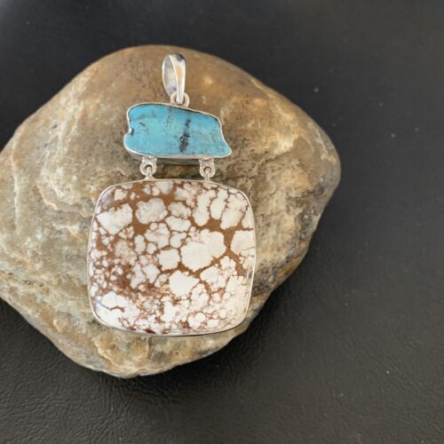 Navajo Wild Horse & Blue Kingman Turquoise Sterling Silver Pendant | Multi-Stone | 12042