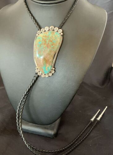 Navajo Royston Turquoise Bolo Tie | Sterling Silver | Authentic Native American Handmade | 12363