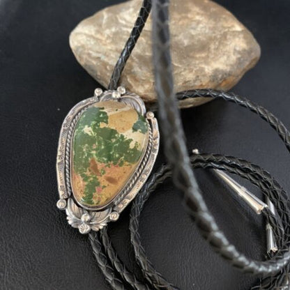 Navajo Green Royston Turquoise Bolo Tie | Sterling Silver | Authentic Native American Handmade | 14107