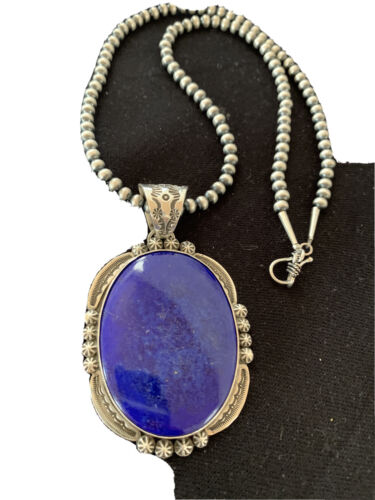 Men's Lapis Lazuli Pendant | Navajo Pearls Sterling Silver Necklace | Authentic Native American Handmade | 1282
