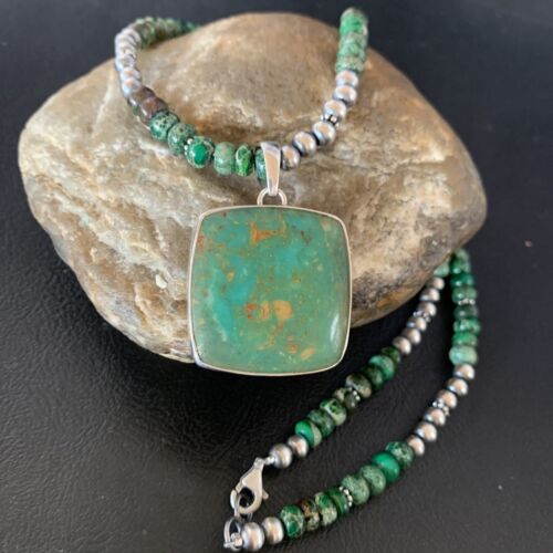 Women's Green Turquoise Pendant Necklace | Navajo Pearls Sterling Bead | Authentic Native American Handmade | 13306