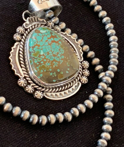 Men's Sterling Silver Turquoise #8 Pendant | Navajo Pearl Necklace | Authentic Native American Handmade | 207