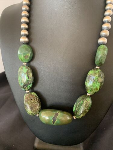 Navajo Chunky Graduated Natural Green Turquoise Necklace | Sterling Silver | Authentic Native American | 18" | 11770