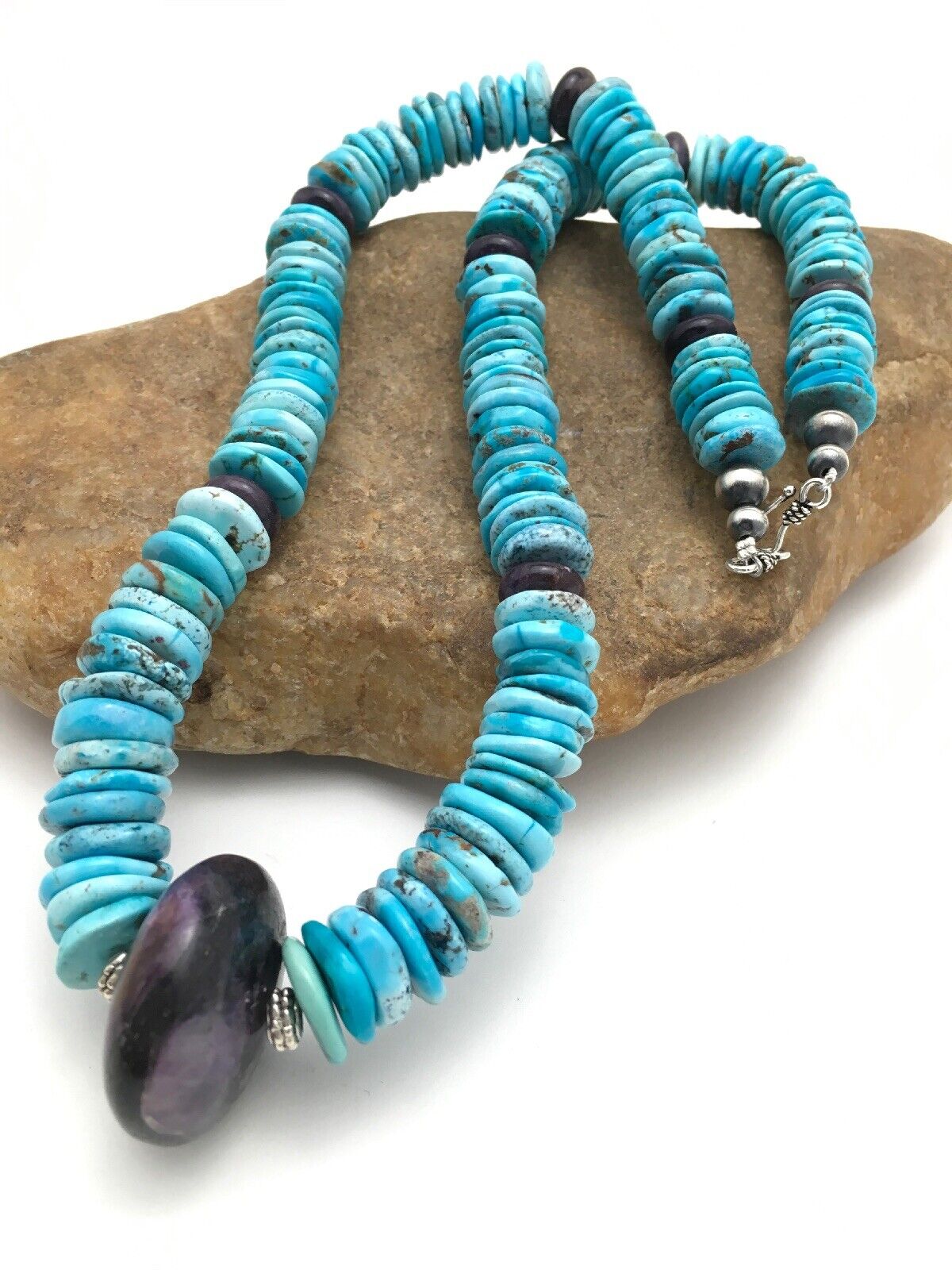 Navajo Sugilite & Turquoise Pendant Necklace | Sterling Silver | Authentic Native American Handmade | 21" | 3086
