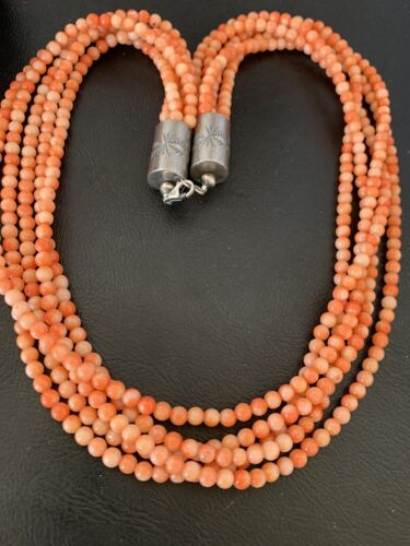 Southwestern Navajo Pink Coral Bead Necklace | 5 Strand | Sterling Silver | 22" | 12509 - Masha USA