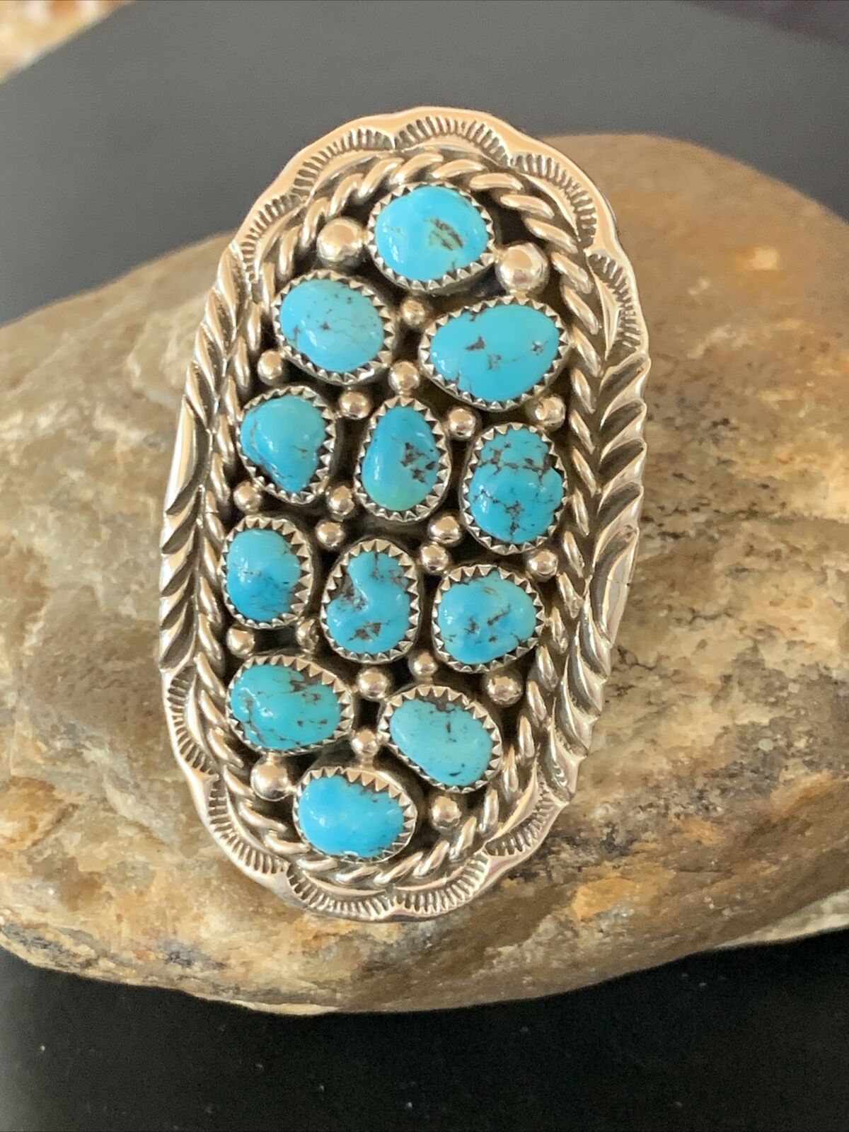 Navajo Blue Kingman Turquoise Cluster Ring | Authentic Native American Sterling Silver | Multi-Stone | Sz 6.5 | 11511