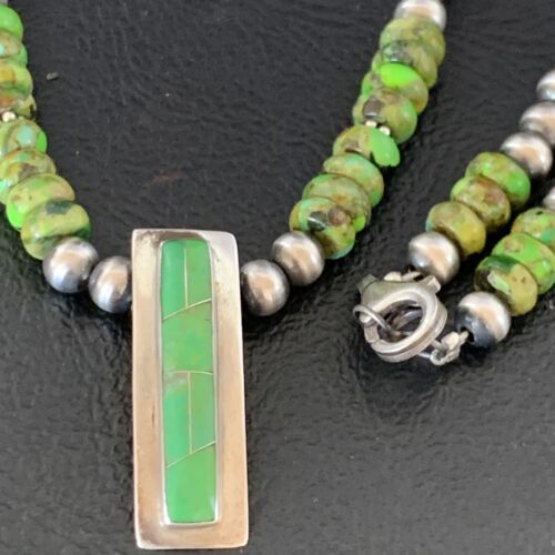 Navajo Green Gaspeite Turquoise Inlay Pendant | Sterling Silver | Authentic Native American Handmade | 13265