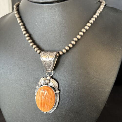 Navajo Pearls Orange Spiny Oyster Necklace Pendant | Sterling Silver | Authentic Native American Handmade | 14718